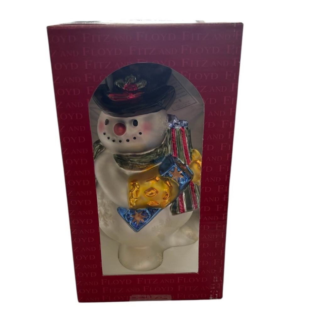 Vtg Fitz And Floyd Holiday Glass Christmas Ornament Snowman LARGE 10”